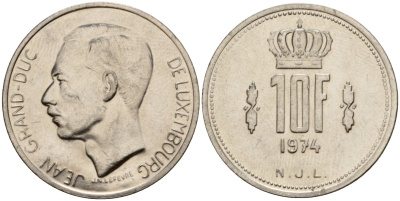 Люксембург 10 франков 1974 Великий герцог Жан (1964-1999) KM 57 никель 4599-1216