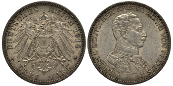 Пруссия 3 марки 1914 Вильгельм II (1888-1918) в мундире KM 538, J.113 серебро 3711-624