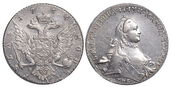 РОССИЯ 1 РУБЛЬ 1764 СПБ-ТI-ЯI Биткин 185 серебро UNC 00-346-22