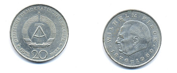 ГДР 20 марок 1972 А, Вильгельм Пик (1876-1960) KM 42 медно-никель 3333-341