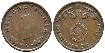 ГЕРМАНИЯ 1 РЕЙХСПФЕННИГ 1940 A KM 89, J. 361 бронза 71-1521