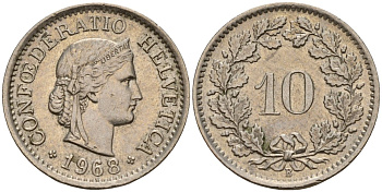 Швейцария 10 раппенов 1968 B KM 27 медно-никель 4189-414