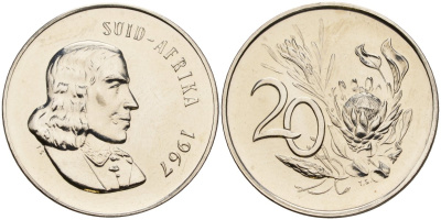 ЮАР 20 центов 1967 SUID-AFRIKA KM 69.2 никель PROOFLIKE 4119-226