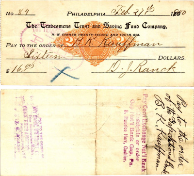 США чек на 16 долларов 1900 Филадельфия бумага 3295-56-2-2
