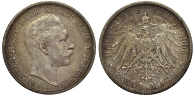 Пруссия 2 марки 1904 A, Вильгельм II (1888-1918) J.102, Weege 101, KM 522 серебро 02-014-26