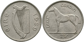 ИРЛАНДИЯ 1/2 КРОНЫ = 2 ШИЛЛИНГА 6 ПЕНСОВ 1959 ЛОШАДЬ KM 16а медно-никель 4531-845