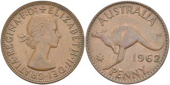 АВСТРАЛИЯ 1 ПЕННИ 1962 р, ЕЛИЗАВЕТА II (1953-), КЕНГУРУ KM 56 бронза 4389-314