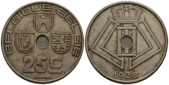 Бельгия 25 сантимов 1938 Belgique - Belgie KM 114 никель латунь 4383-543