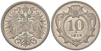 Австрия 10 геллеров 1910 Франц Иосиф I (1848-1916) KM 2802 никель aUNC 192-266