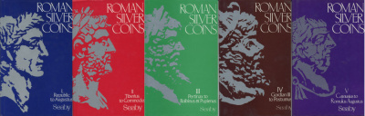 Х. A. СИБИ РИМСКИЕ СЕРЕБРЯНЫЕ МОНЕТЫ. ТОМА 1-5 (ЯЗЫК: АНГЛ.) 1978 H. A. SEABY, ROMAN SILVER COINS, ЧАСТЬ 1: ОТ РЕСПУБЛИКИ ДО АВГУСТА (167 СТРАНИЦ - 3Е ИЗДАНИЕ), ЧАСТЬ 2: ОТ ТИБЕРИЯ ДО КОММОДА (256 СТРАНИЦ - 3Е ИЗДАНИЕ), ЧАСТЬ 3: ОТ ПЕРТИНАКСА ДО БАЛЬБИНА