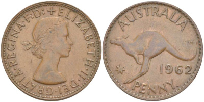 Австралия 1 пенни 1962 p, Елизавета II (1952-2022), кенгуру KM 56 бронза 4389-314