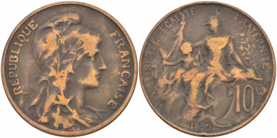 ФРАНЦИЯ 10 САНТИМОВ 1899 ТИП ДАНИЭЛЬ ДЮПЮИ KM 843, LA FRANC 136.8 бронза 109-134