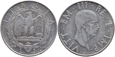 ИТАЛИЯ 2 ЛИРЫ 1939 XVIII ГОД, НЕ МАГНИТНАЯ KM 78а сталь 4389-612