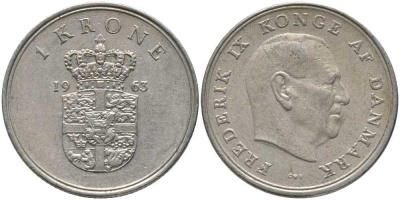 Дания 1 крона 1963 C;S, Фредерик IX (1947-1972) KM 851 медно-никель 113-854