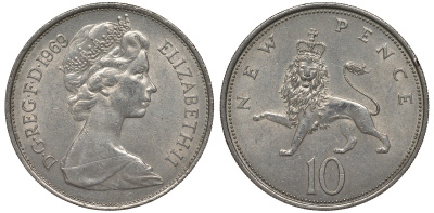 Великобритания 10 пенсов 1969 Елизавета II (1952-2022) KM 912, Spink 4231 (F1) медно-никель 4123-832