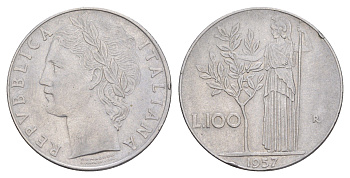 Италия 100 лир 1957 R, Афина в доспехах KM 96.1 нержавеющая сталь 4150-1121