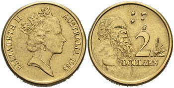 Австралия 2 доллара 1988 абориген, Елизавета II (1953-) KM 101 алюминий-бронза 4566-543
