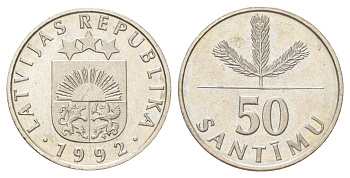 Латвия 50 сантимов 1992 KM 13 медно-никель UNC 4625-623
