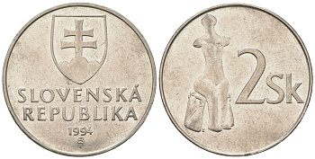 Словакия 2 кроны 1994 MK KM 13 сталь плакировнная никелем aUNC 4586-1214
