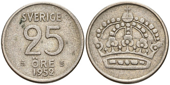 Швеция 25 эре 1952 TS, Густав VI Адольф (1950-1973) KM 824 серебро 4147-1026