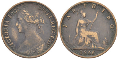 Великобритания 1 фартинг 1866 Виктория (1837-1901) KM 747.2, Spink 3958 бронза 4543-847