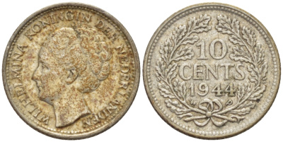 Нидерланды 10 центов 1944 Вильгельмина (1890-1948) KM 163 серебро aUNC 46-245