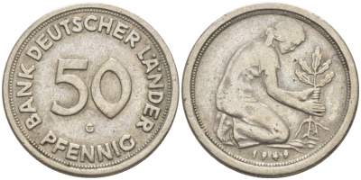 ФРГ 50 пфеннигов 1949 G KM 104, J. 379 медно-никель 112-943