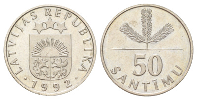 Латвия 50 сантимов 1992 KM 13 медно-никель UNC 4625-623