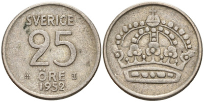 Швеция 25 эре 1952 TS, Густав VI Адольф (1950-1973) KM 824 серебро 4147-1026
