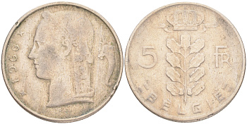 БЕЛЬГИЯ 5 ФРАНКОВ 1966 BELGIE KM 135.1 медно-никель 4556-422