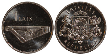 Латвия 1 лат 2013 кокле, лютня KM 142 медно-никель UNC M6-21