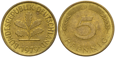 ФРГ 5 пфеннигов 1979 D J.382, KM 107 сталь плакированная латунью    4598-1021