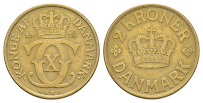 Дания 2 кроны 1925 HCN; GJ, Кристиан X (1912-1947) KM 825 алюминиевая бронза 115-611