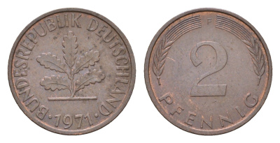 ФРГ 2 пфеннига 1971 F KM 106a, J.381a сталь плакированная медью 4618-862