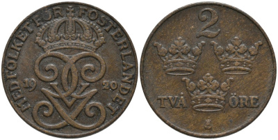 Швеция 2 эре 1920 Густав V (1907-1950) KM 778 бронза 63-1125