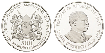 Кения 500 шиллингов 1988 25 лет независимости, Даниель арап Мои, тираж 375 экземпляров КМ 25 серебро PROOF 11-140-11