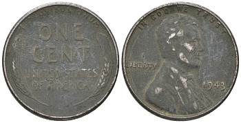 США 1 цент 1943 Авраам Линкольн KM 132 a сталь покрытая цинком 214-549