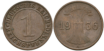 Германия 1 рейхспфенниг 1936 A KM 37, J. 313 бронза 4528-726