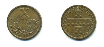 ПОРТУГАЛИЯ 10 СЕНТАВО 1967 KM 583 бронза 45-1148