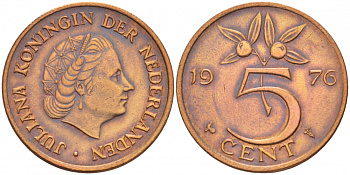 Нидерланды 5 центов 1976 Юлиана (1949-1980) KM 181 бронза 3856-1043