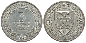 Германия 3 марки 1926 A, 700 лет свободному городу Любек J. 323, KM 49 серебро 00-000-00