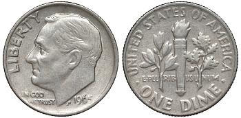 США 1 дайм - 10 центов 1965 KM 195a медь плакированная медно-никелем 4549-345