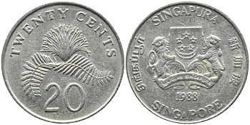 Сингапур 20 центов 1988 KM 52 медно-никель 4391-344