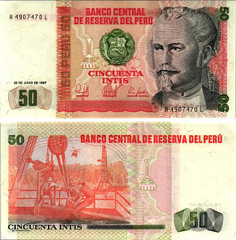 Перу 50 инти 1987 Николас де Пьерола, президент Pick 131 b бумага аUNC 8608-24-2