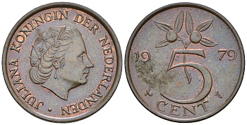 Нидерланды 5 центов 1979 Юлиана (1948-1980) KM 181 бронза UNC 4606-1014