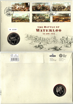 Великобритания 5 фунтов 2015 200 лет Битве при Ватерлоо, в оригинальном конверте, с марками, первый день гашения KM 1296, Spink L39 медно-никель BU 8-2-06-53