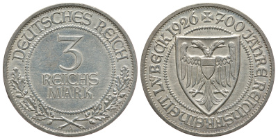 Германия 3 марки 1926 A, 700 лет свободному городу Любек J. 323, KM 49 серебро 00-000-00