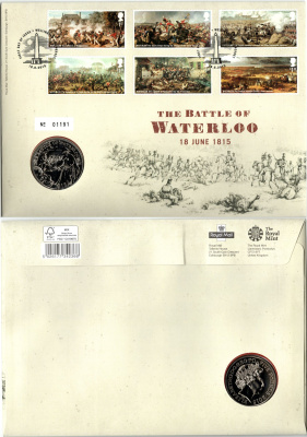 Великобритания 5 фунтов 2015 200 лет Битве при Ватерлоо, в оригинальном конверте, с марками, первый день гашения KM 1296, Spink L39 медно-никель BU 8-2-06-53