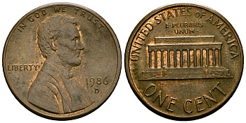 США 1 цент 1986 D, Линкольн KM 201b цинк плакированный медью 4136-269