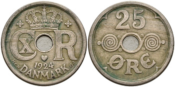 Дания 25 эре 1924 NCN; GJ Кристиан X (1912-1947) KM 823.1 медно-никель 4148-247